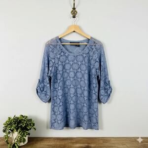 Frazzle Women’s Small Sweater New Dusty Blue Crochet Pointelle Knit Roll Tab